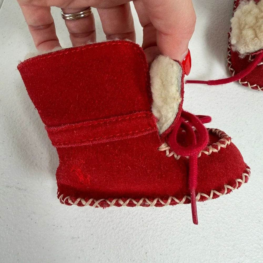 Ralph Lauren Infant Red Suede Shearling Moccasin Booties Pony Logo Soft Sole